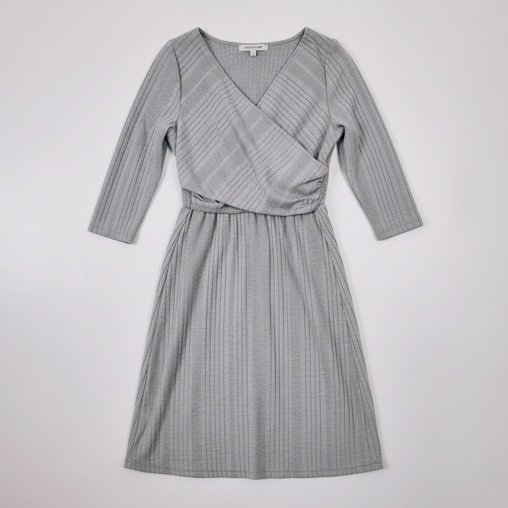 05 | Modern Minimalist Ruched Bodycon Light Sweater Wrap Front Dress in Grey